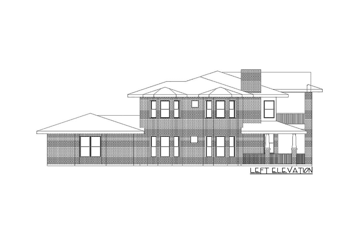 Left elevation house plan with a brick facade, gabled roof sections, and a covered front porch with columns.