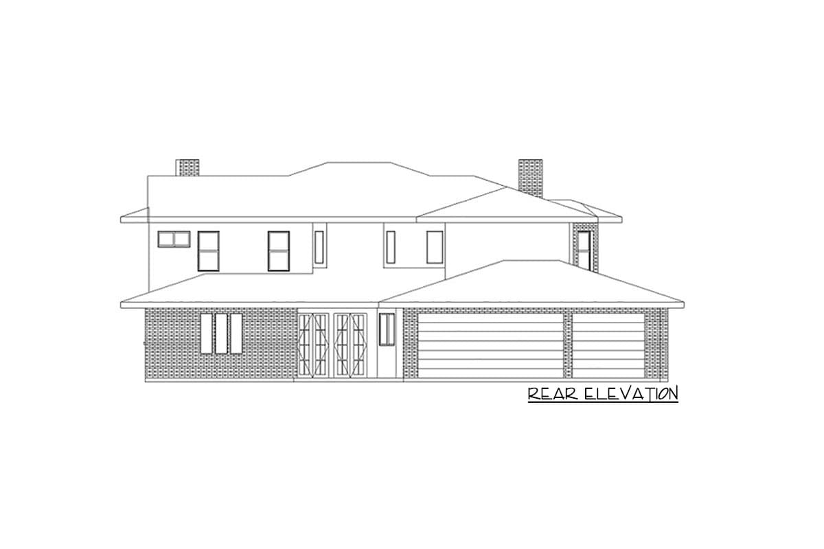 Rear elevation of a two-story house plan with a multi-level roof, dual garage doors, and brick detailing.