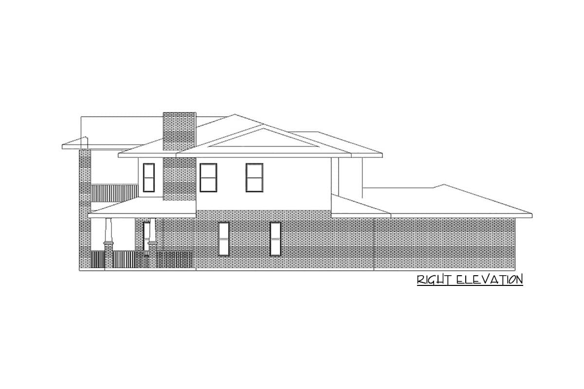 Right elevation drawing of a two-story house plan with a brick base, covered porch, and multiple gables.
