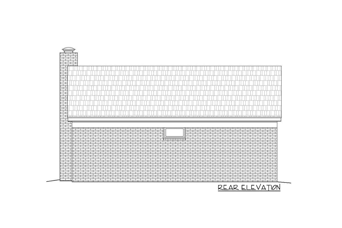 Rear elevation drawing of a house plan featuring a brick facade, gabled roof, and chimney.