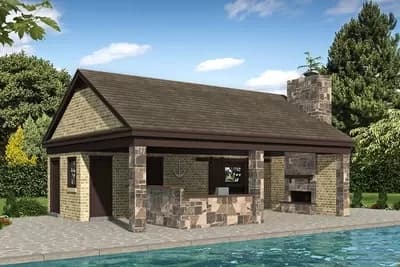 Poolhouse with a Bar and Lanai Complete with a Fireplace