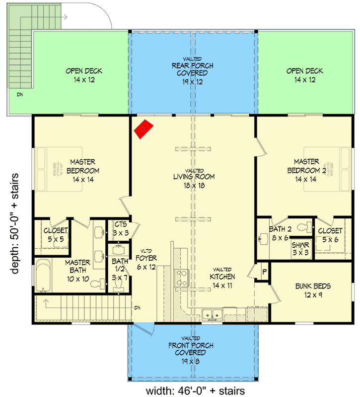 Plan 68717VR: Rustic Cottage with 2 Master Suites and a Bunk Room for a Rear Sloping Lot - Floor Plan - Main Level - Cabin, Cottage, Country, Mountain, Rustic