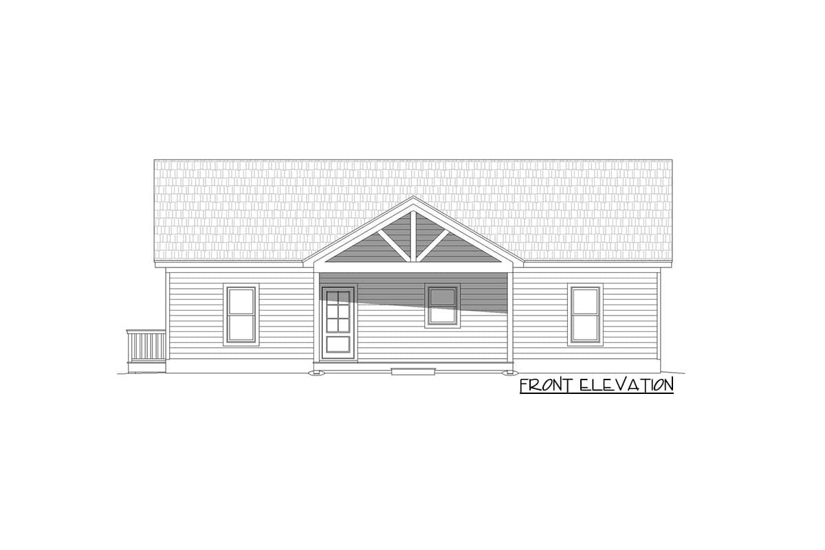 Front elevation drawing of a one-story house plan featuring a gable roof, covered porch with exposed rafter tails, and double-hung windows.