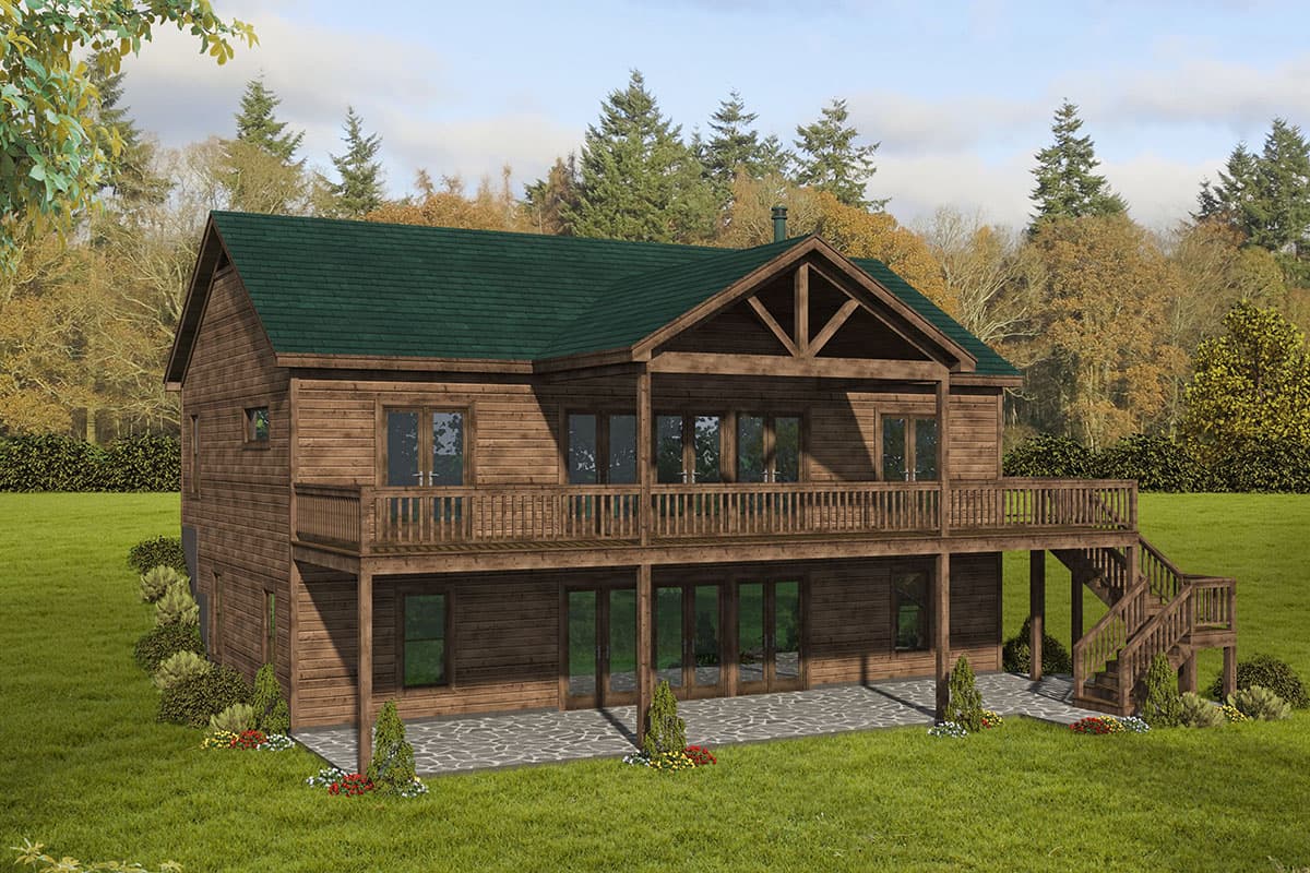 Log home exterior with a large wraparound deck, gabled dormer, and exposed rafter tails. Two stories visible.