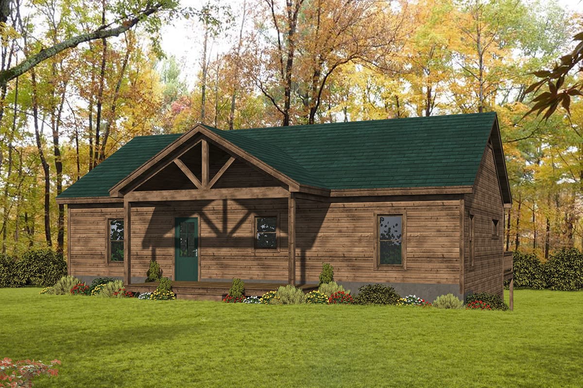 House plan exterior. Single-story cabin with a gable roof, timber-frame porch, and exposed rafter tails.