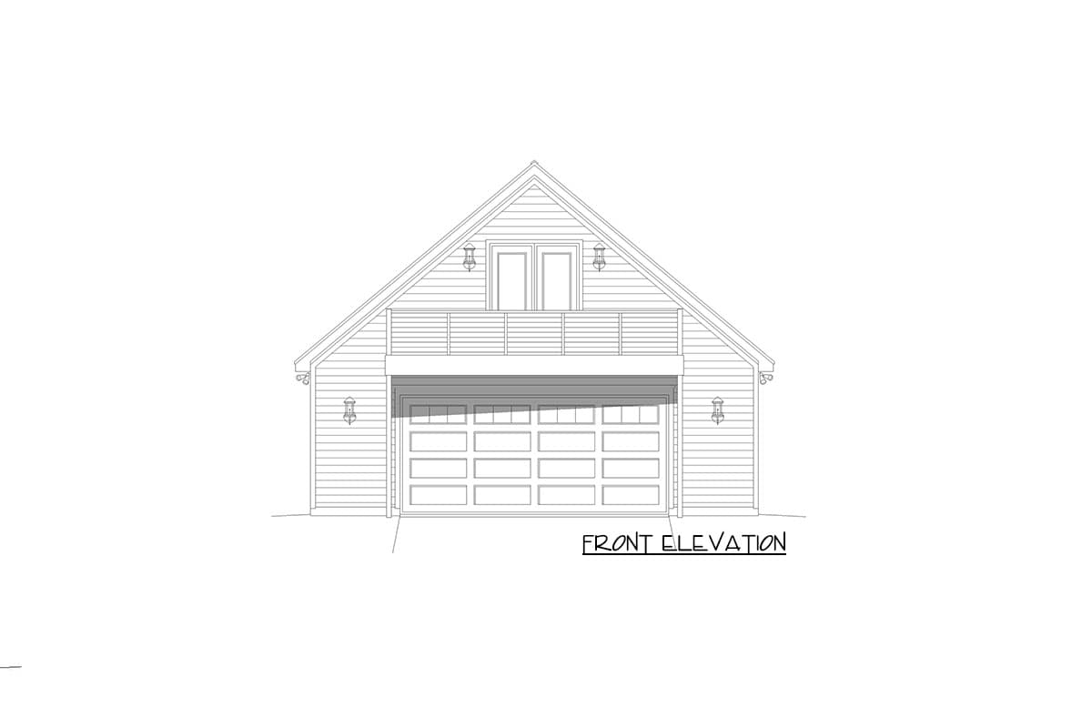 Front elevation of a garage with a large overhead door, balcony above, and double doors on the gable.
