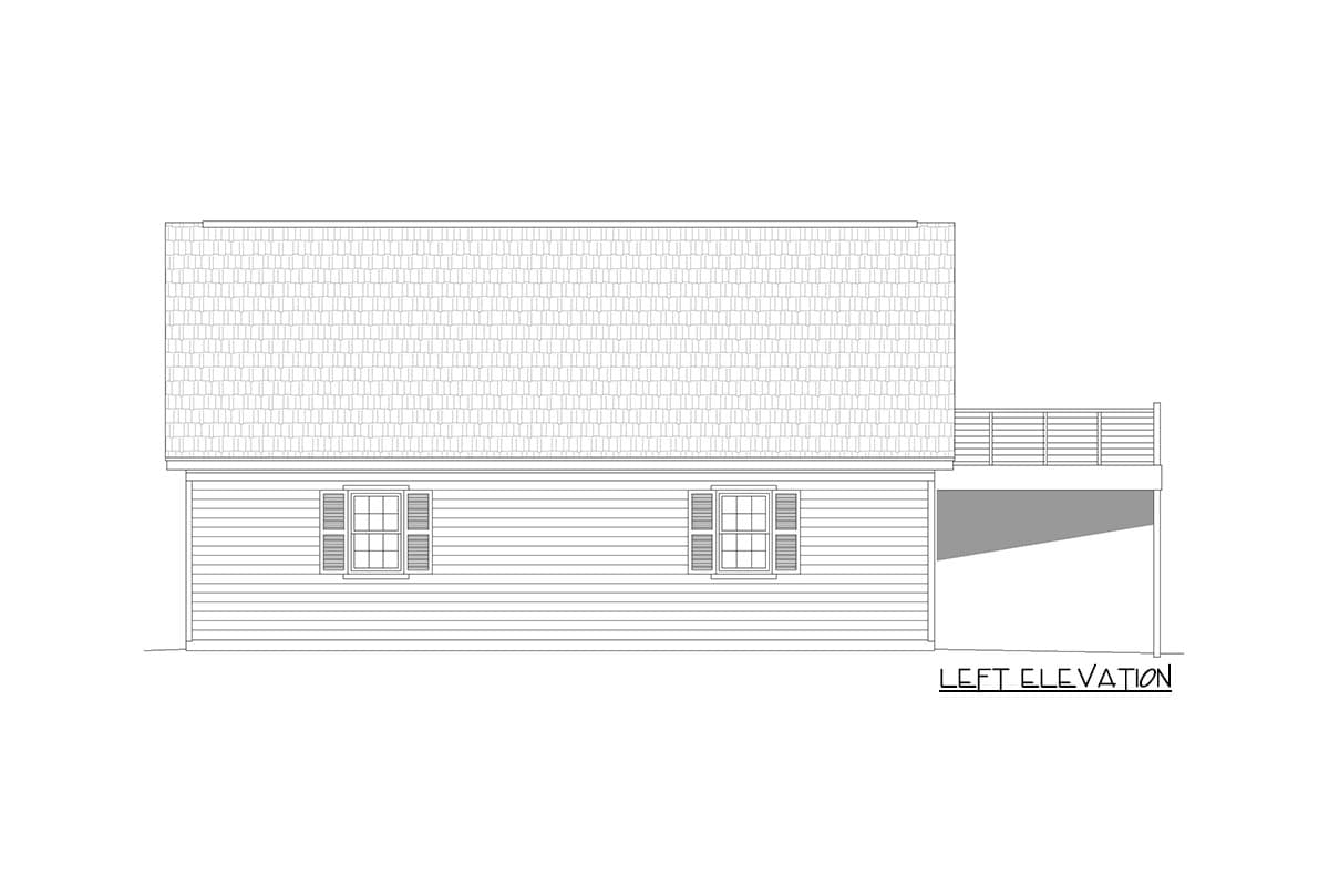 House plan left elevation showing horizontal siding, two windows with shutters, and a deck.