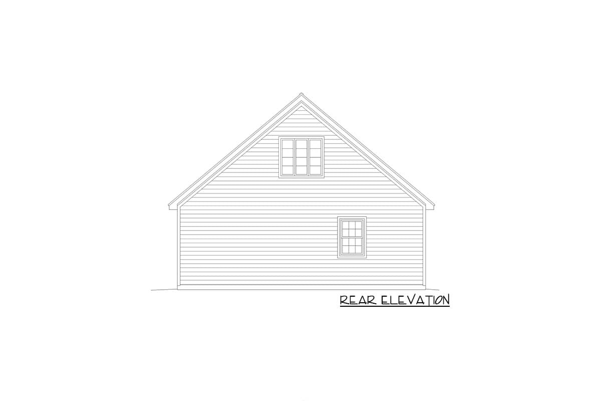 Rear elevation drawing of house plan with horizontal siding, a gable roof, and two windows.