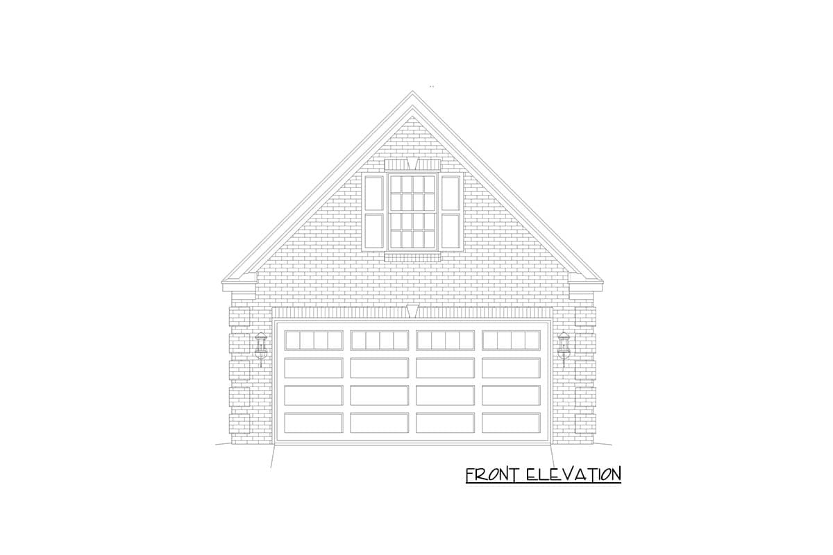 Front elevation drawing of a house plan featuring a brick facade, a multi-panel garage door, and a dormer window.