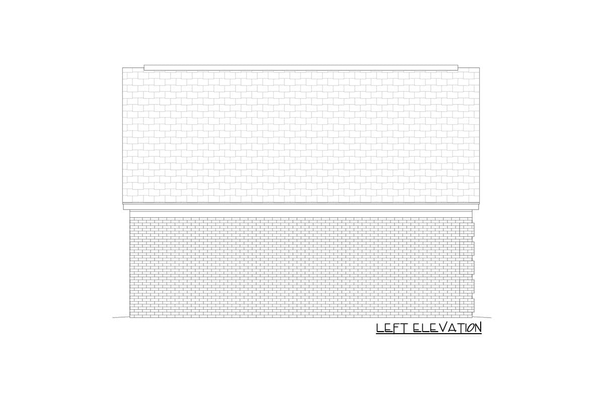 Left elevation drawing showing brick lower wall and shingle roof.
