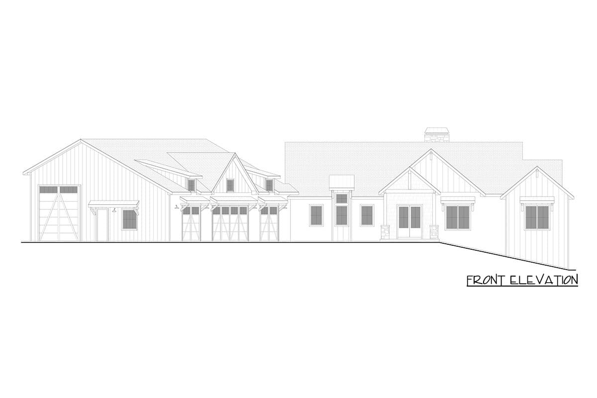 Front elevation drawing of a Modern Farmhouse with a prominent gable, multiple garage doors, and varied rooflines.
