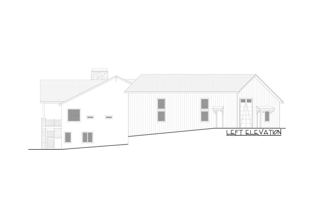 Left elevation house plan showing a two-story section with a covered porch and a one-story section with vertical siding.