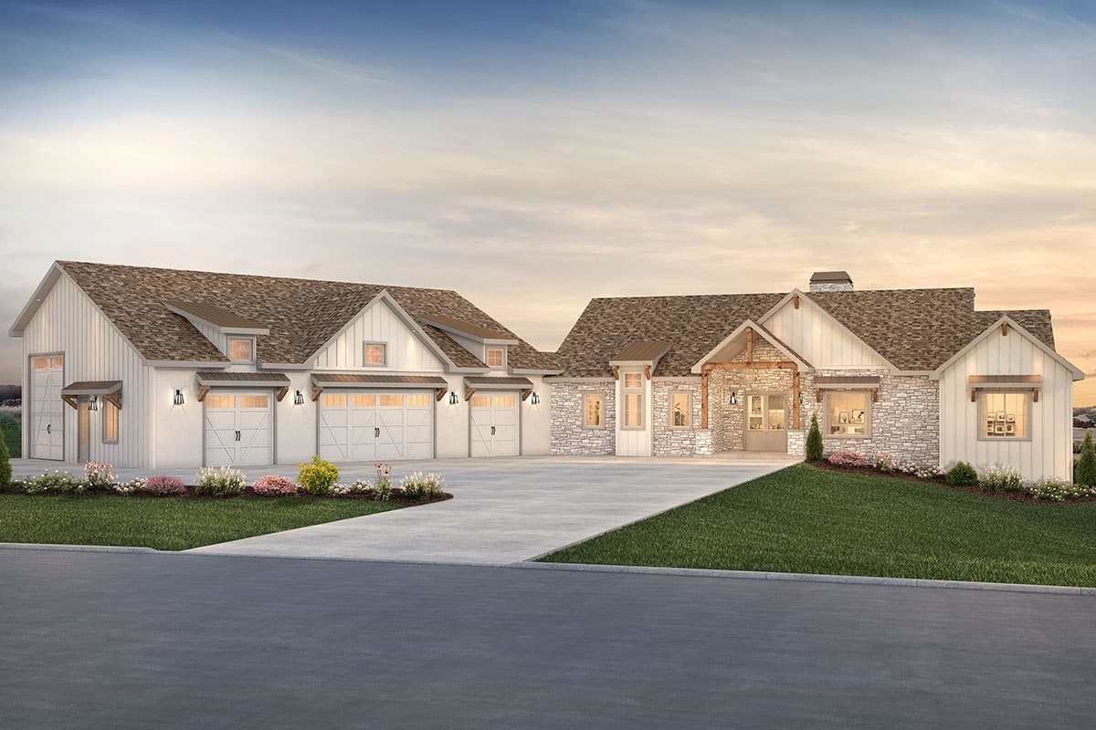 House plan exterior. Modern farmhouse style with multiple gabled rooflines, stone facade, and attached garage.