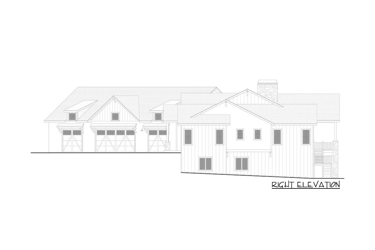 Right elevation of a Modern Farmhouse house plan with a three-car garage, gables, and stone chimney.