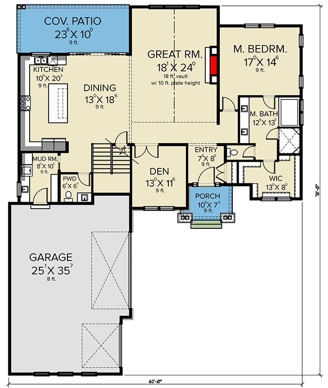 Plan 280117JWD: Country Craftsman Plan with Main-floor Master Bedroom - Floor Plan - Main Level - Country, Craftsman, Mountain, New American, Northwest