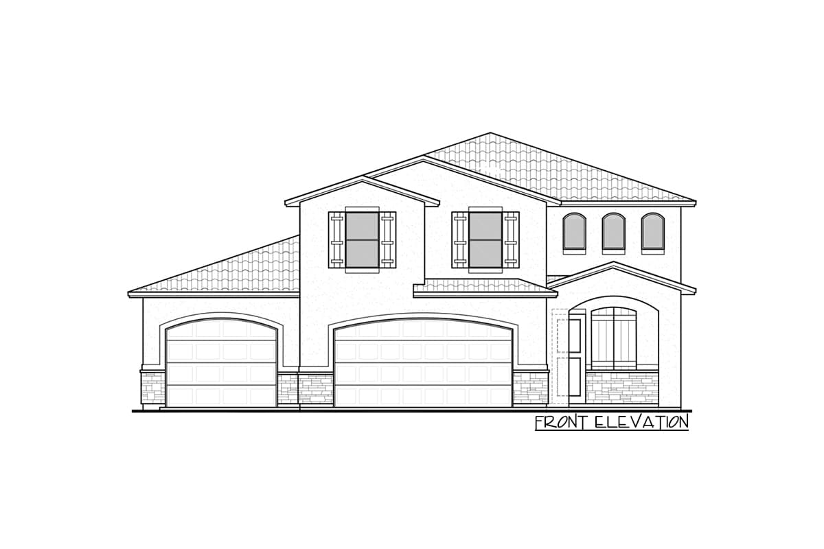 Front elevation drawing of a two-story house plan with a tile roof, three garage doors, and arched windows.