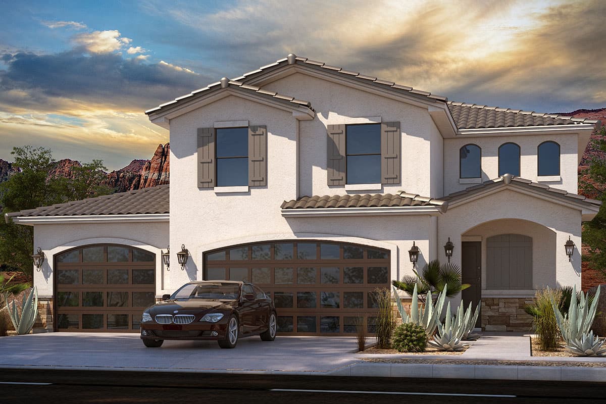 House plan exterior. Two-story stucco home with a barrel tile roof, arched garage door, and shuttered windows. Includes a front entry porch.