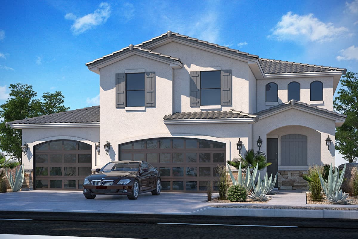 Two-story house plan exterior with stucco finish, two arched garage doors, arched entry, and tile roof.