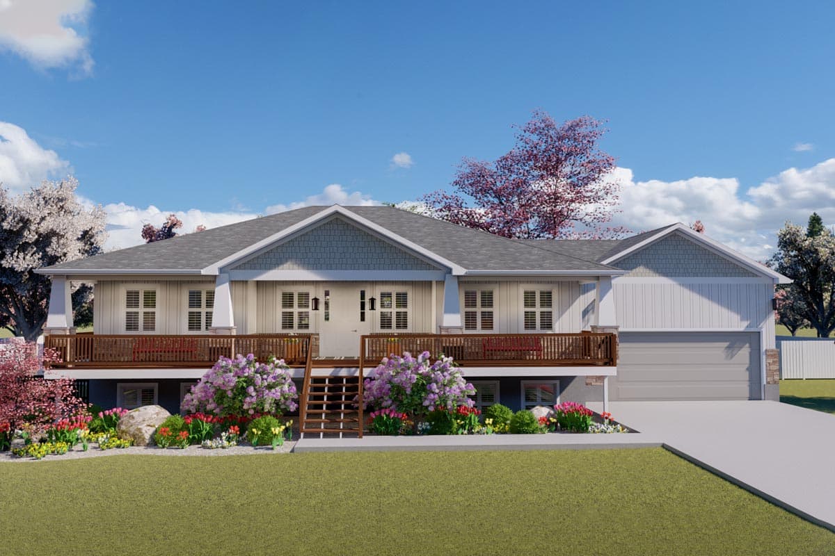 House plan exterior. Ranch style with a raised porch, gabled roof, and attached garage. Includes a front entry and second-story roof gables.