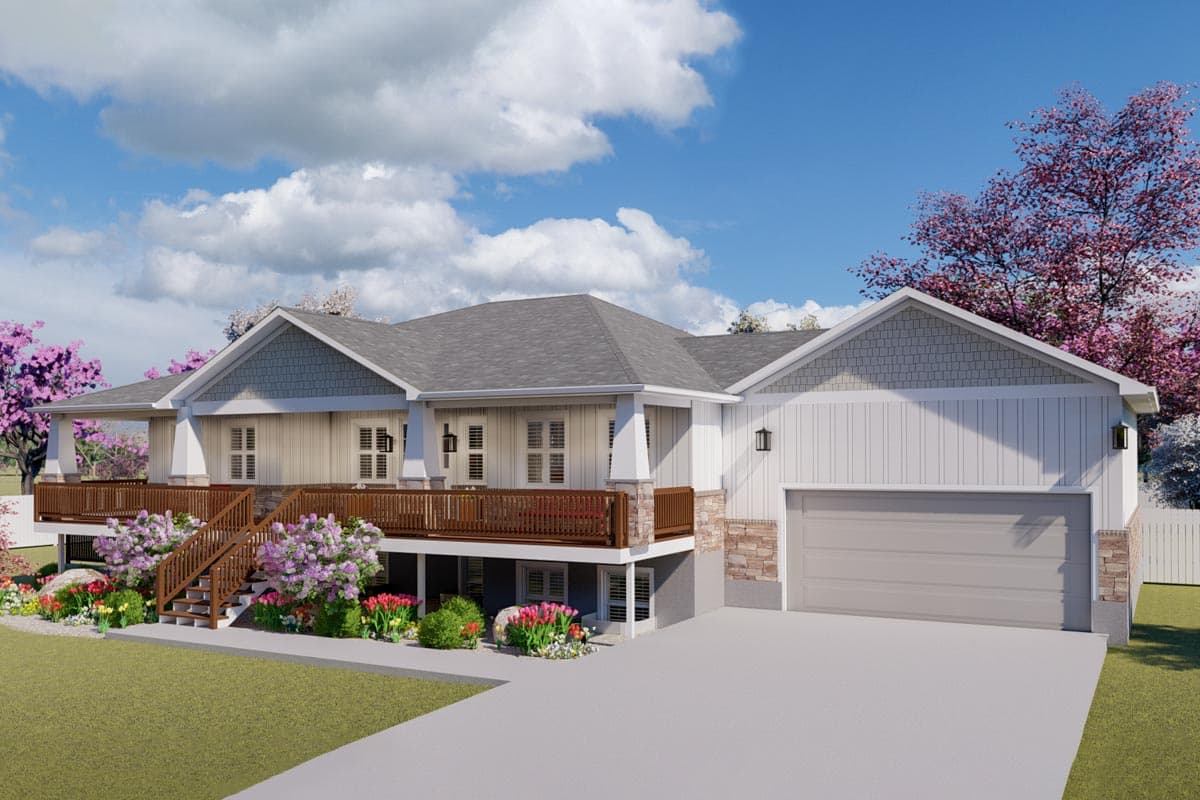House plan exterior: Single-story Modern Farmhouse with a covered porch, gables, and a side-entry garage.