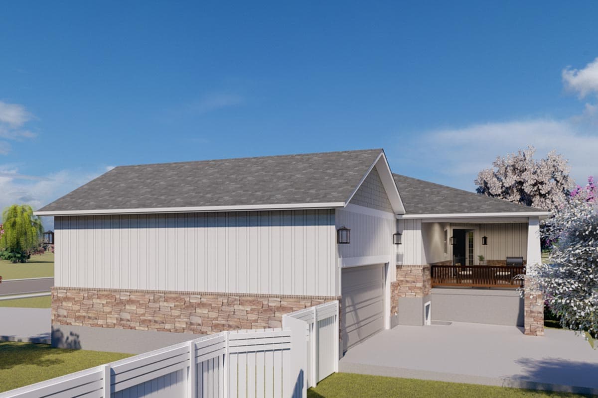 House plan exterior: modern farmhouse style, two-story, gabled roof, vertical siding, stone foundation, covered porch with deck.