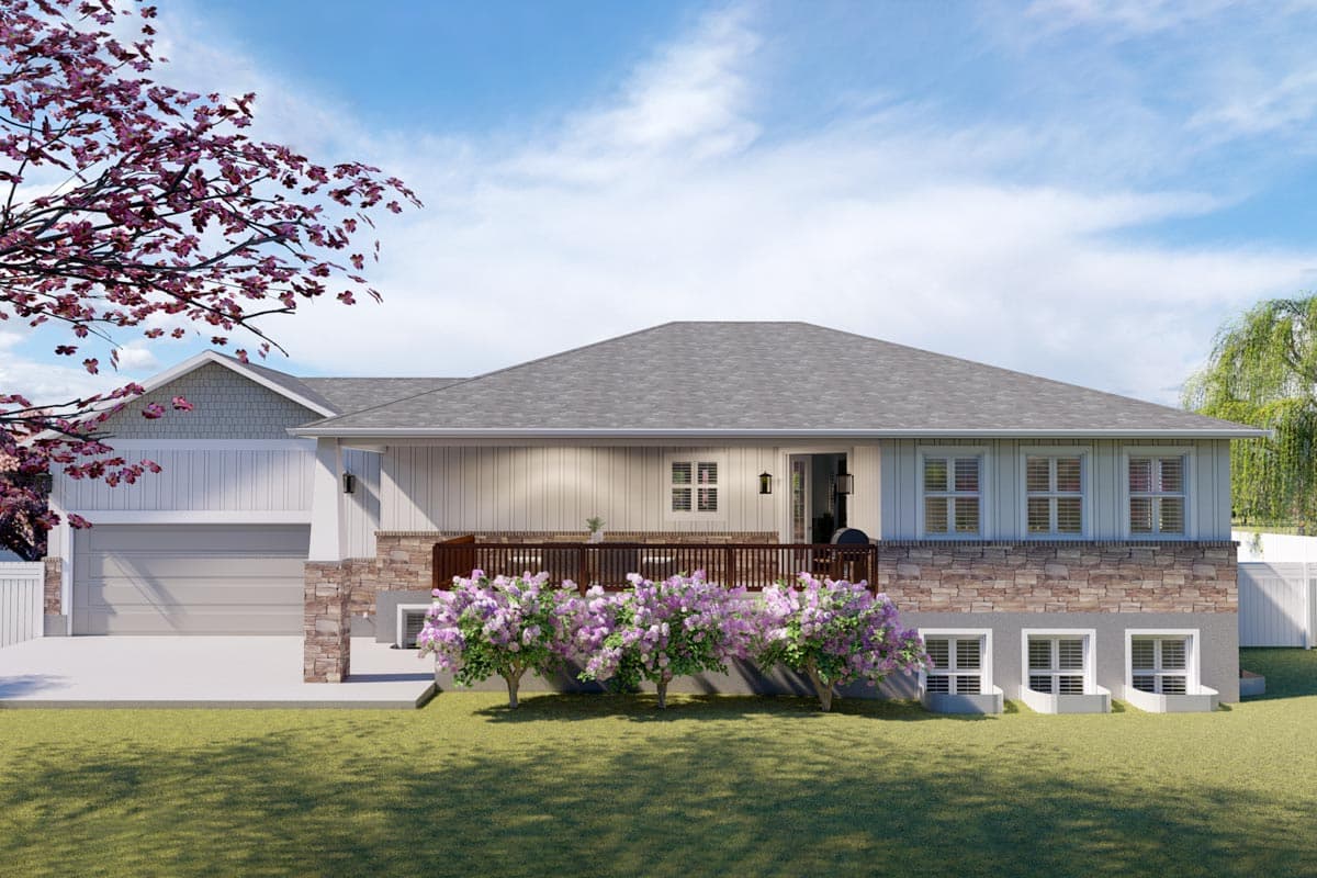 House plan exterior: Contemporary style, two stories, stone base, large deck, and attached garage.