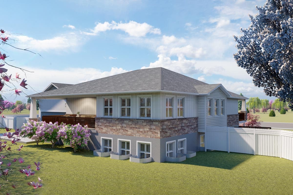 House plan exterior view of a one-story home with stone and siding, large windows, covered deck, and attached garage.