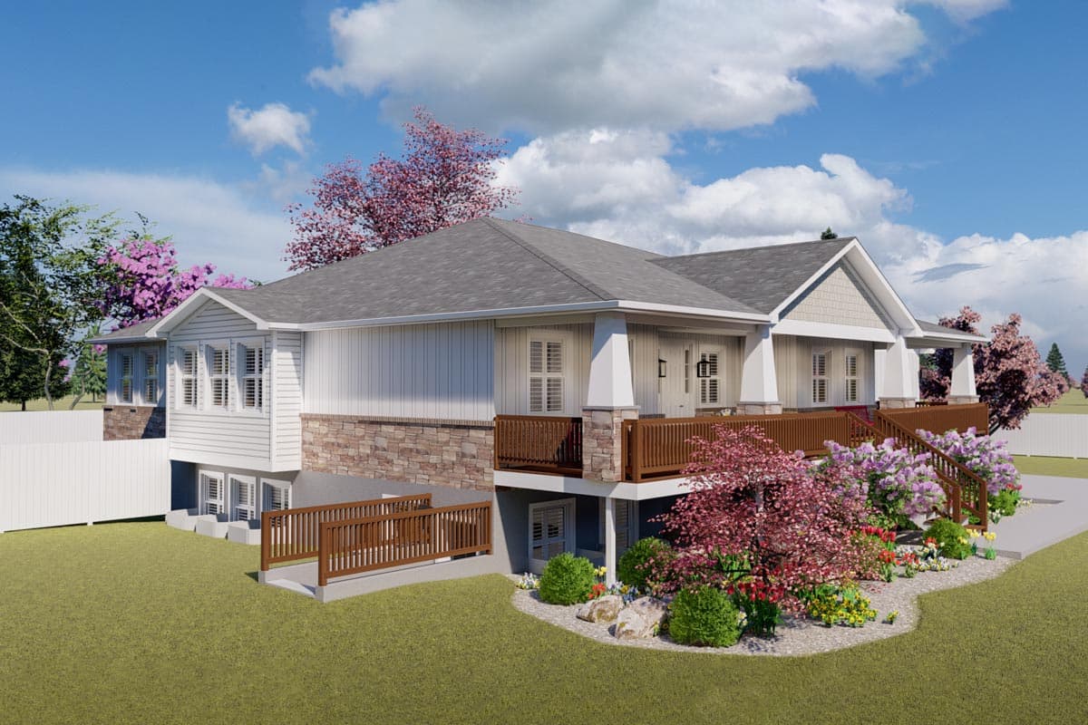House plan exterior featuring a two-story design with stone and siding, covered porch with white columns, and a wraparound deck.