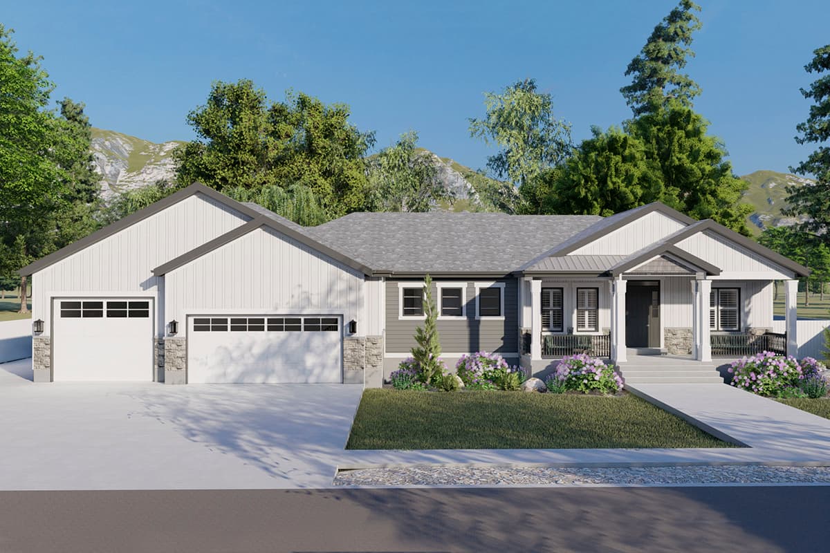 House plan exterior with two-car garage, front porch with columns, and gable roof. Exterior features vertical siding and stone accents.