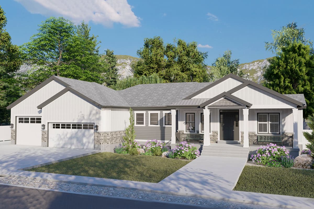 House plan exterior: Modern Farmhouse style, single-story with a prominent gable, covered front porch with columns, and a three-car garage.