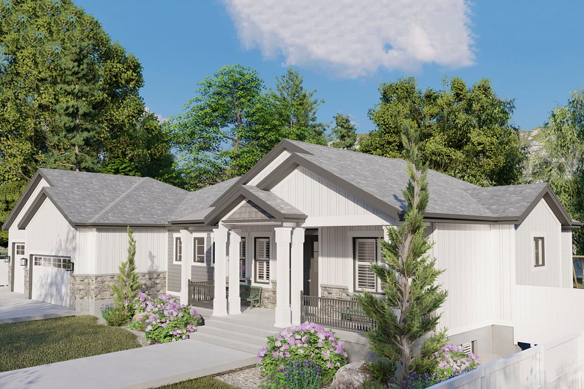 House plan exterior: Modern Farmhouse style, one story, with covered front porch, stone accents, and a side-entry garage.