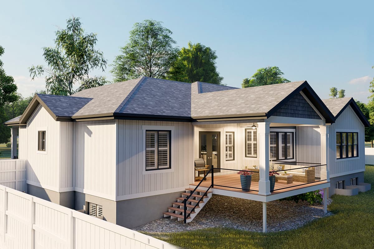 House plan exterior, one-story Modern Farmhouse with a covered deck, gables, and vertical siding.