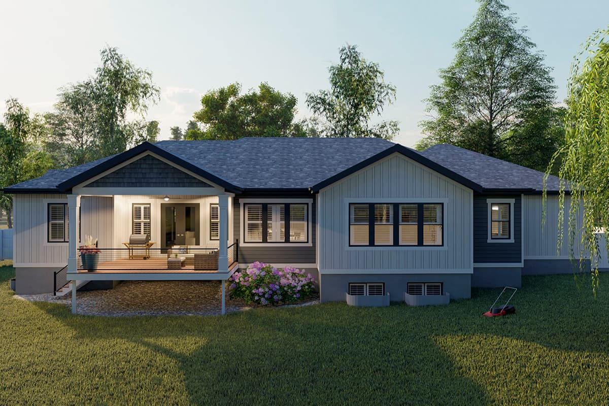 House plan exterior, single-story home with covered deck, gable roof, and board and batten siding.
