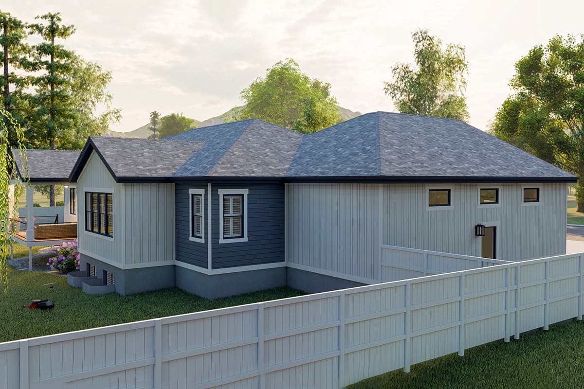 House plan exterior with gabled roof, varying siding colors, and a covered porch with white columns.