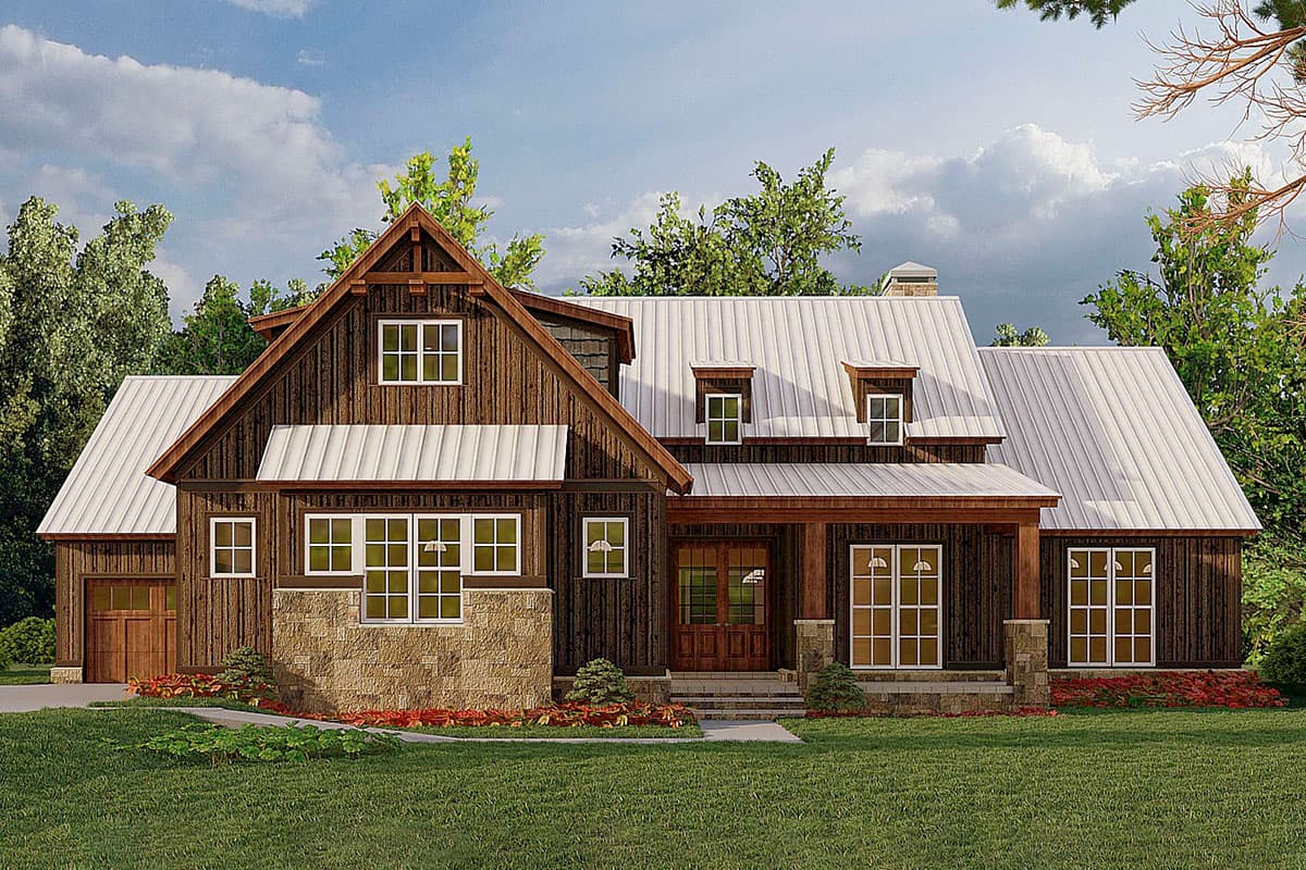 House plan exterior. Farmhouse style with a gable roof, covered porch, dormers, and a stone facade on a portion of the exterior.