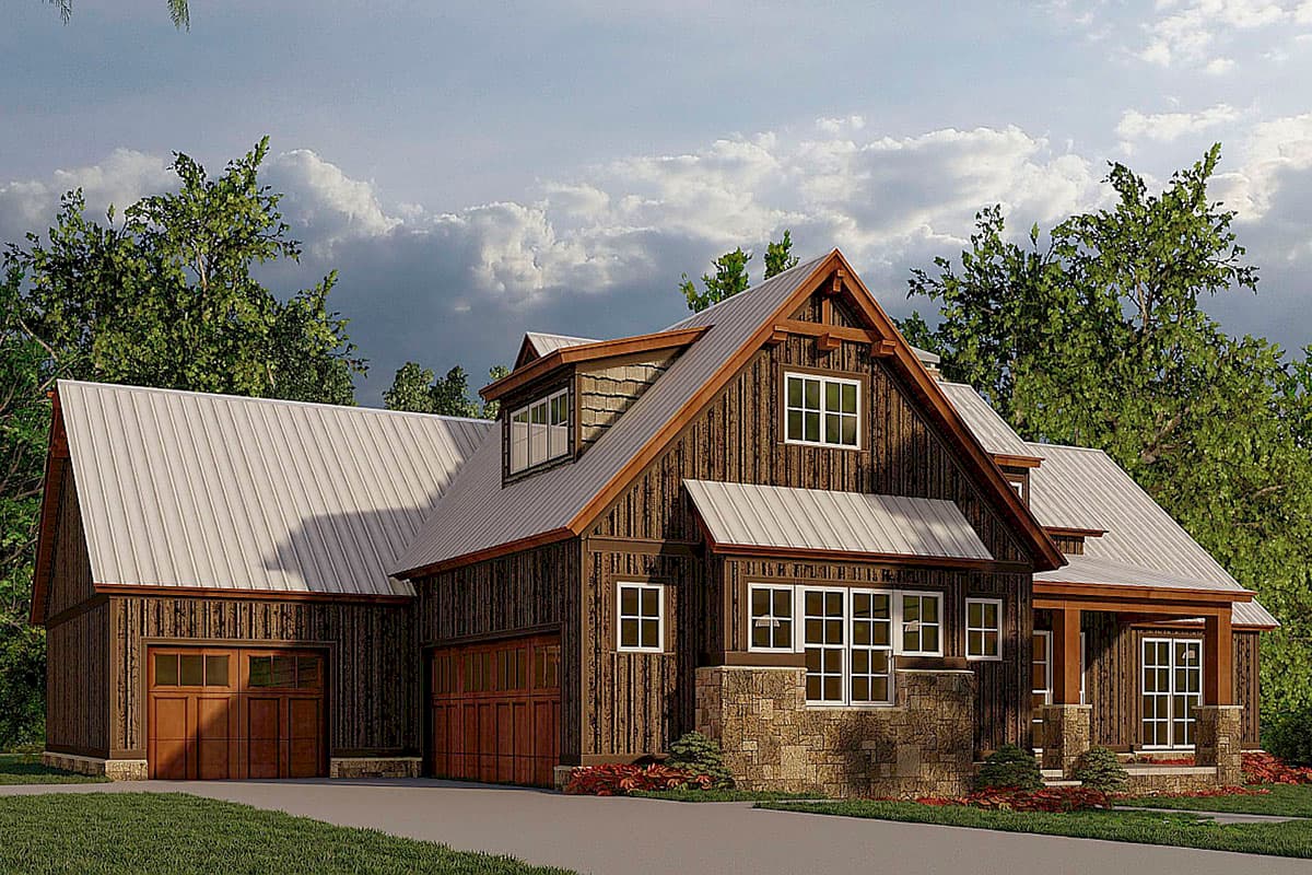 House plan exterior: Modern Farmhouse style with vertical siding, stone base, metal roof, dormers, and attached garages.