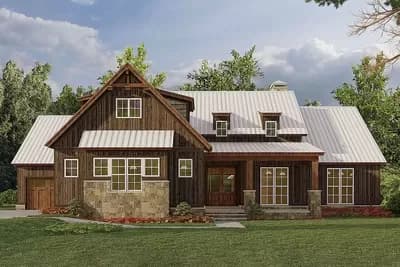 Mountain Farmhouse Plan with Home Office and Bonus Expansion Above the 3-car Garage