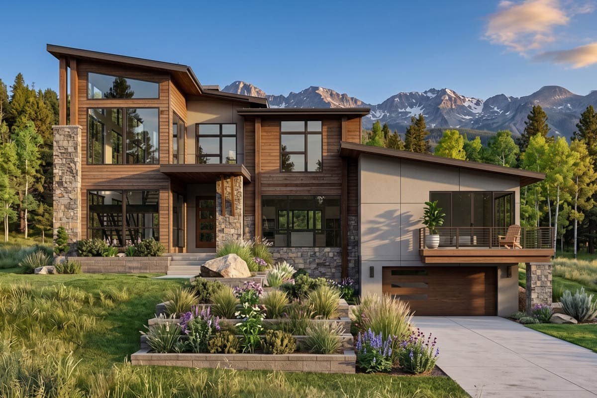 Modern house plan exterior with multi-story design, wood and stone accents, abundant windows, and a prominent cantilevered balcony.