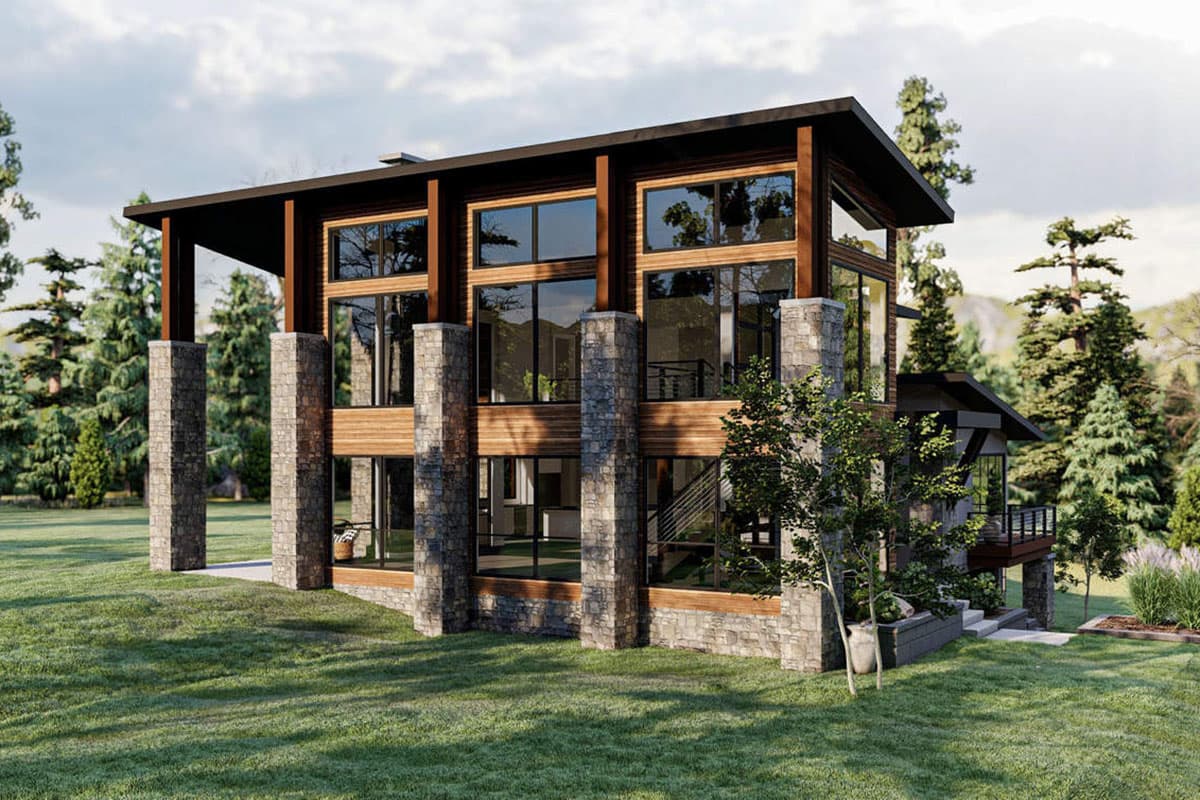 Modern house plan exterior with stone pillars, wood siding, and large windows. Two stories with a flat roof.