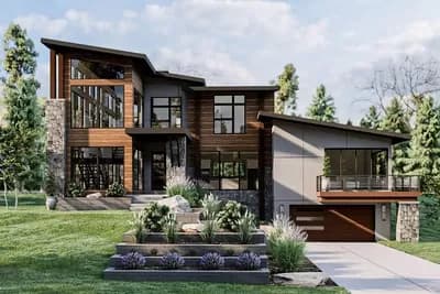 Modern Mountain House Plan with 3 Living Levels for a Side-sloping Lot