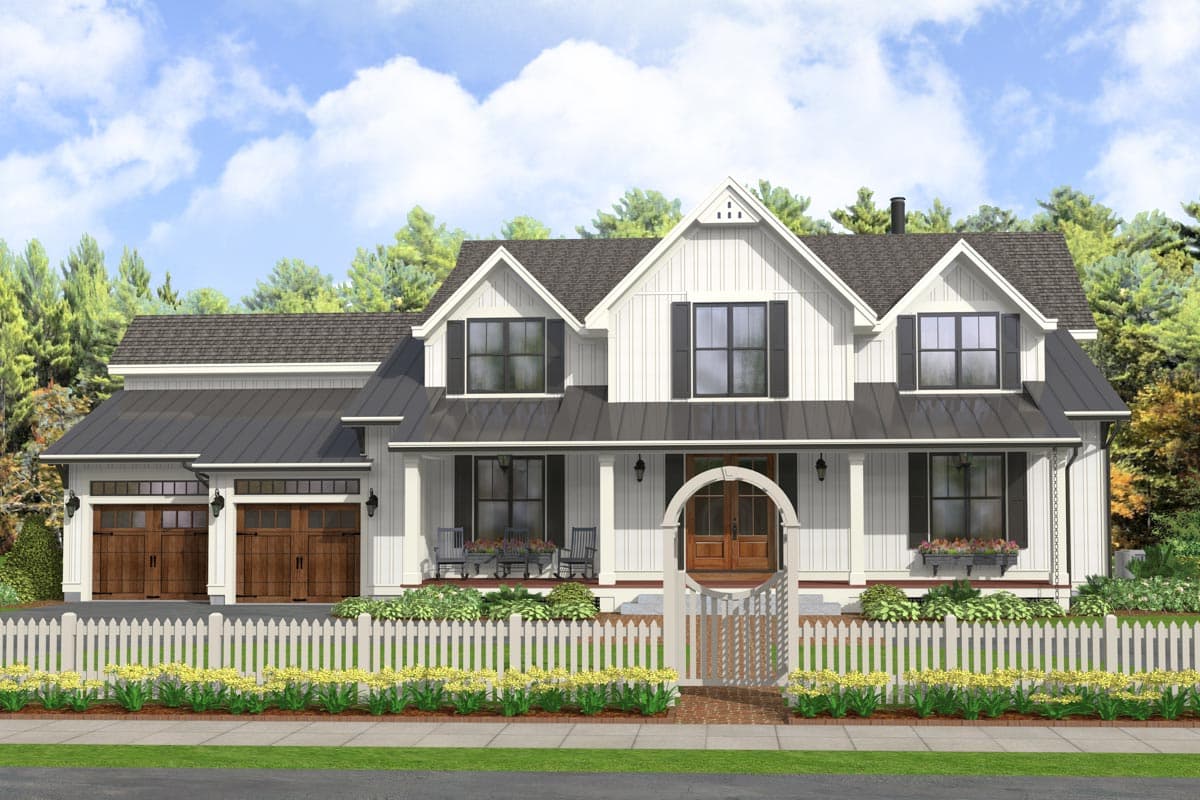 House plan exterior. Two-story Modern Farmhouse with gables, a covered porch, and a detached garage with dark metal roofing.