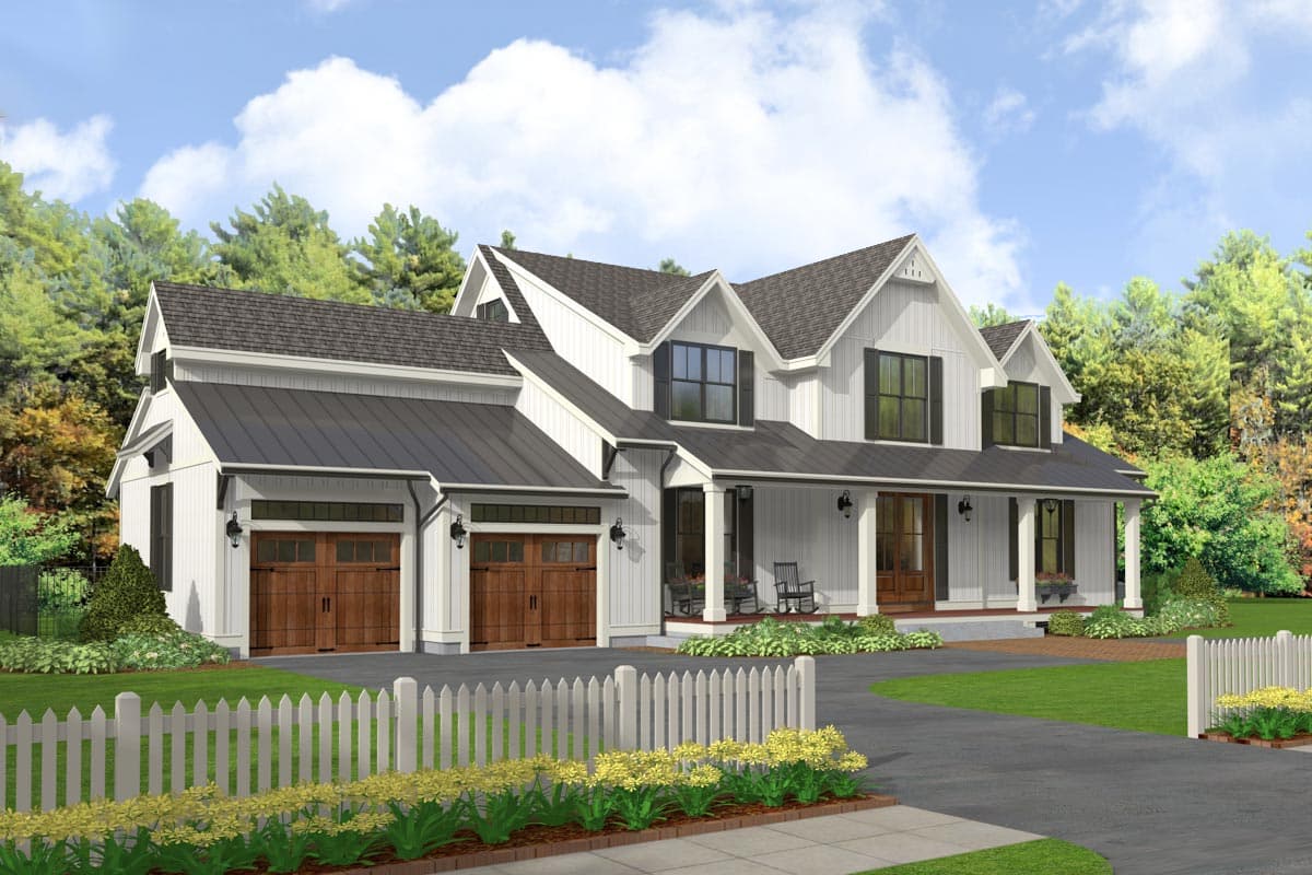 Modern Farmhouse house plan exterior with dual garages, gables, standing seam roof, and wraparound porch.