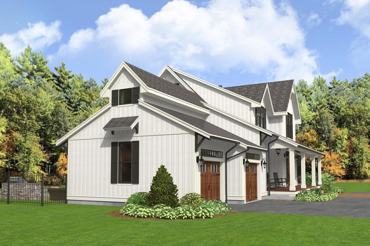 Modern Farmhouse house plan exterior with board and batten siding, dual garage doors, and covered porch.