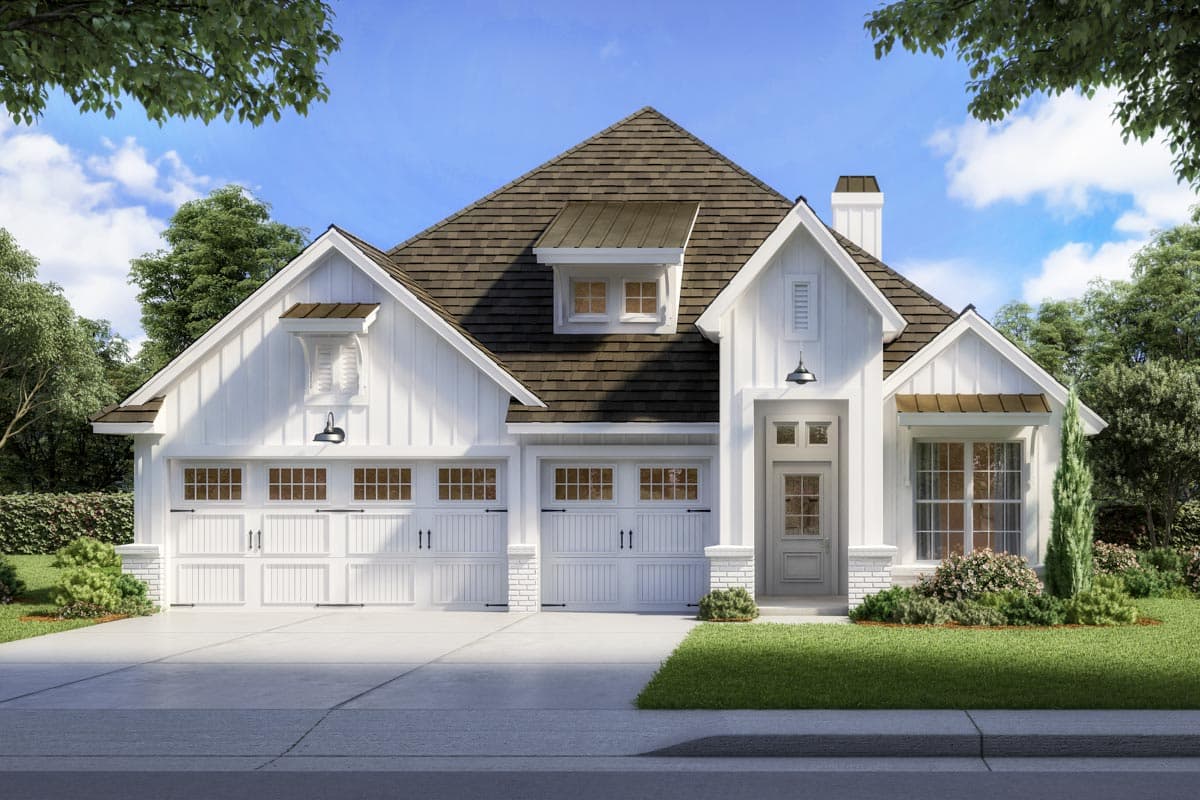 House plan exterior with board and batten siding, multiple gables, and a dormer. Features a two-car garage and front entry with a light fixture.