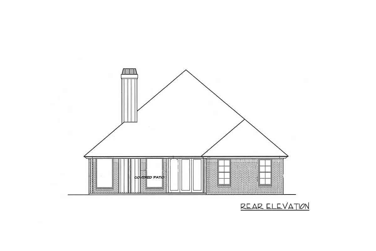 Rear elevation house plan showing a covered patio, large windows, brickwork, and a chimney.