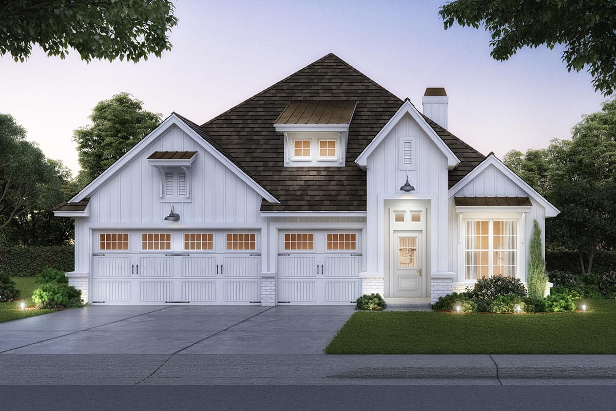 Modern Farmhouse house plan exterior with a three-car garage, prominent gables, dormers, and a covered entry.