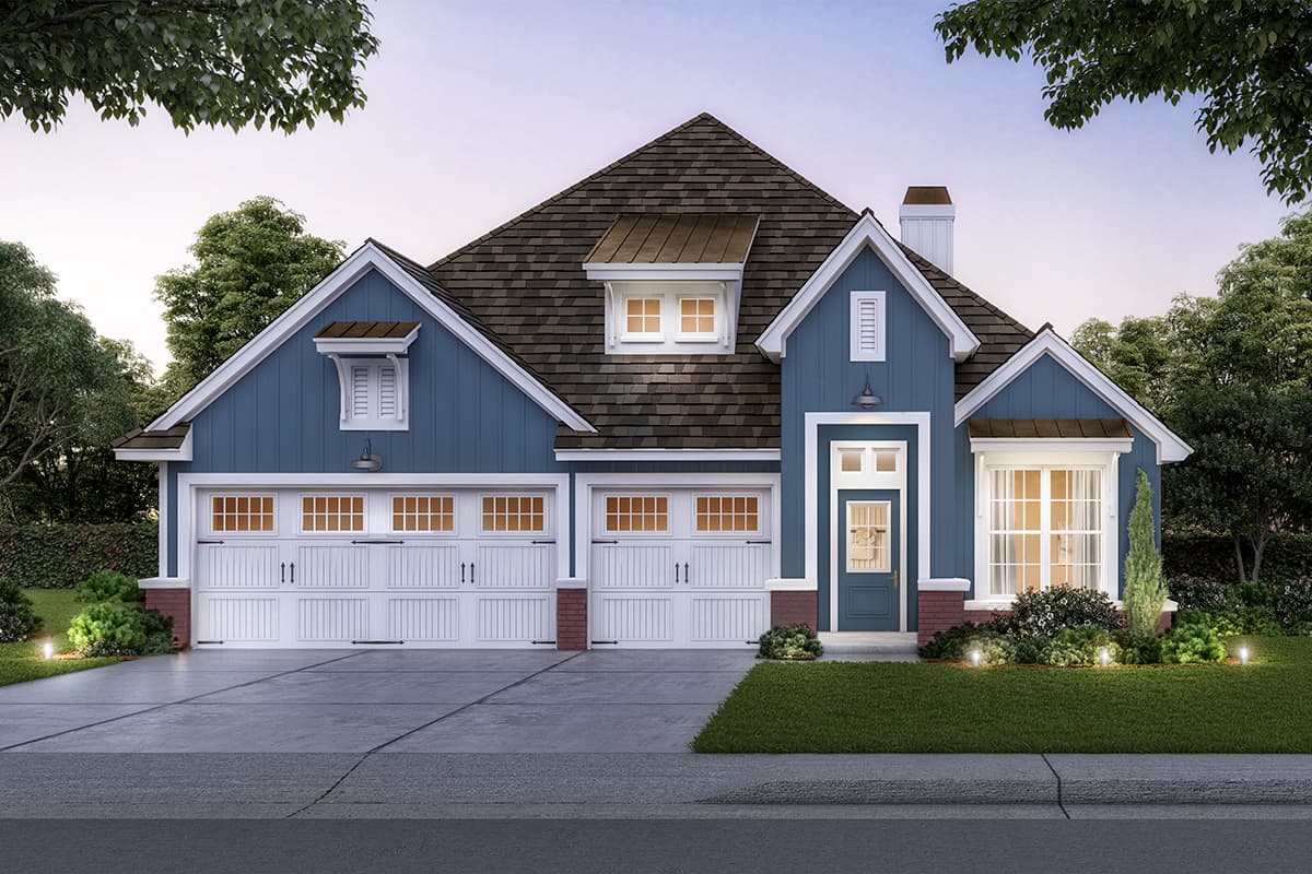 House plan exterior in a Craftsman style with two stories, gables, a dormer, and an attached garage. Features include a front porch and a chimney.