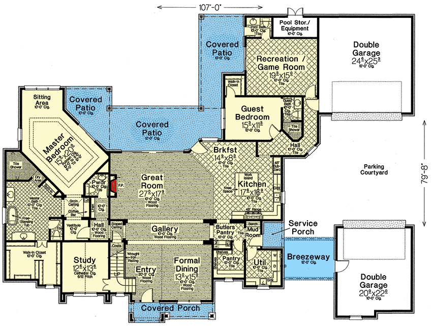 Plan 48605FM: Exclusive Hill Country House Plan with Porte Cochere and Unique Angled Master Suite - Floor Plan - Main Level - Country, Hill Country