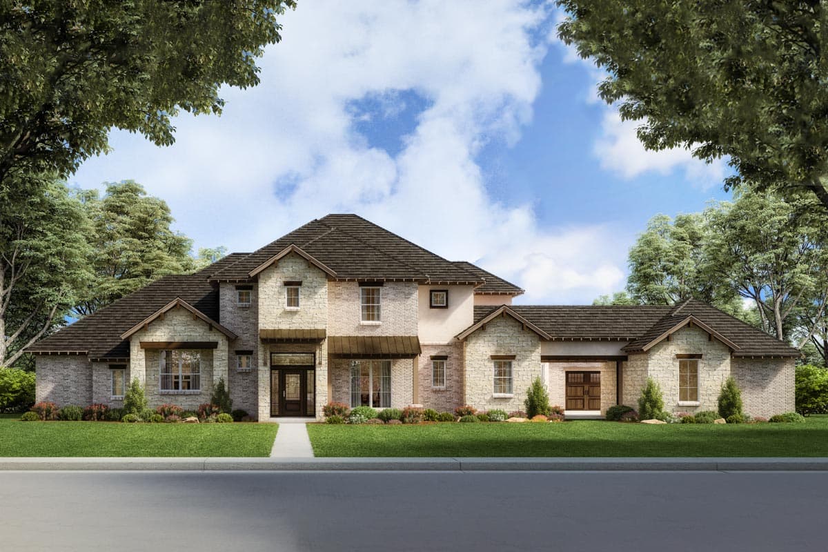 House plan exterior with two stories, stone and brick facade, gabled rooflines, and a covered front entry.