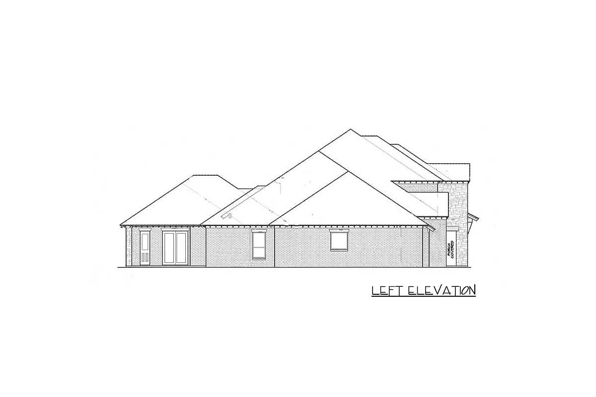 Left elevation of a single-story house plan featuring double doors, windows, and a hip roofline.